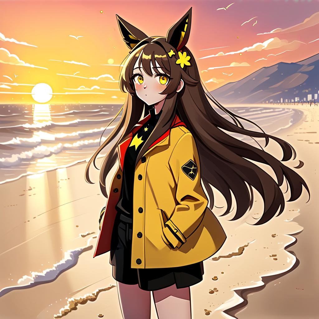  constructivist style an anime style girl with anime ears stands on the beach, where soft sand stretches to the horizon. she has long dark brown hair, which flies slightly in the breeze. her face, with pronounced jewish and slavic features, radiates lively energy. brown eyes are full of deep emotions, as if reflecting the vast expanses of the ocean. she has a bright yellow coat, which seems to shine, catching the eye and contrasting with the soft shades of the sunset. under her coat she wears a black shirt and black pants are decorated with yellow elements, creating a stylish and dynamic look. the sunset blooms bright red in the sky clearly separating the evening nobo from the night with the stars. the bright red rays of the sun fall on the 