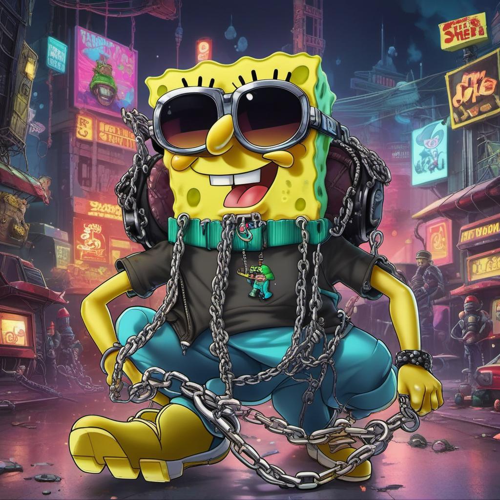  spongebob bob as a rapper with chains and grills, cyberpunk style