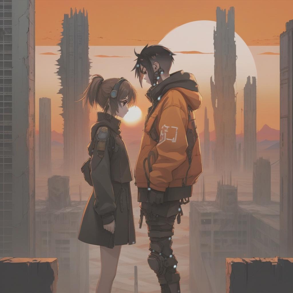  anime artwork anime image of a woman standing on the orange desert, in a post apocalyptic landscape with ruined buildings, cyberpunk art, the orange sunset . anime style, key visual, vibrant, studio anime, highly detailed