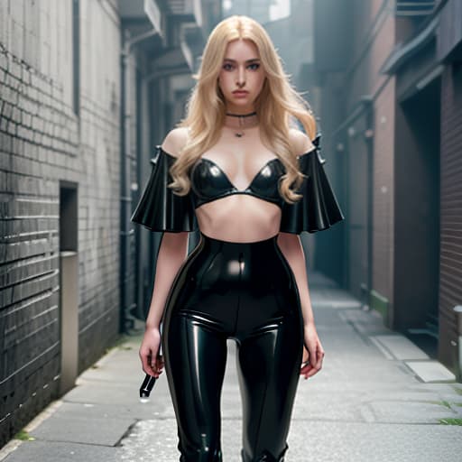  boy in latex, full length, dark alley, bright make up, piercings, super high heel sandals, small stature, in tears, long blond hair. hyperrealistic, full body, detailed clothing, highly detailed, cinematic lighting, stunningly beautiful, intricate, sharp focus, f/1. 8, 85mm, (centered image composition), (professionally color graded), ((bright soft diffused light)), volumetric fog, trending on instagram, trending on tumblr, HDR 4K, 8K
