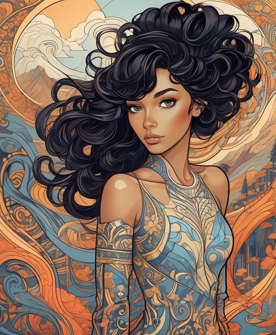  luxury product style light, centered, colorful, modern illustration of a girl with wild swirling black hair full of landscapes. portrait, fibonacci sequence, tessellation, art nouveau, heavy outline comic book . elegant, sophisticated, high end, luxurious, professional, highly detailed