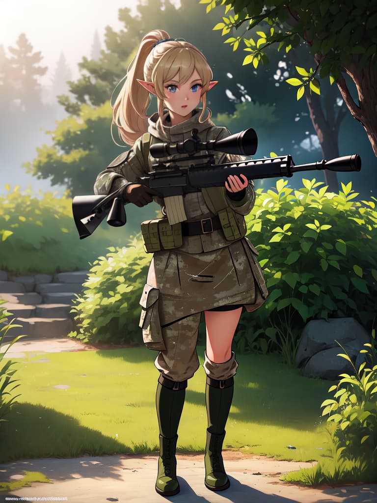  ((accurate & ultra detailed sniper rifle modeling:1.3))、(aiming at viewer with sniper rifle:1.3、blonde ponytail elf)、(military uniform with camouflage pattern:1.2)、in dark bush、sunlight through the trees、best quality:1.4、masterpiece:1.4、ultra detailed texture、raw photorealistic、absurd resolution、💩、💩、💩、💩、💩、 hyperrealistic, full body, detailed clothing, highly detailed, cinematic lighting, stunningly beautiful, intricate, sharp focus, f/1. 8, 85mm, (centered image composition), (professionally color graded), ((bright soft diffused light)), volumetric fog, trending on instagram, trending on tumblr, HDR 4K, 8K