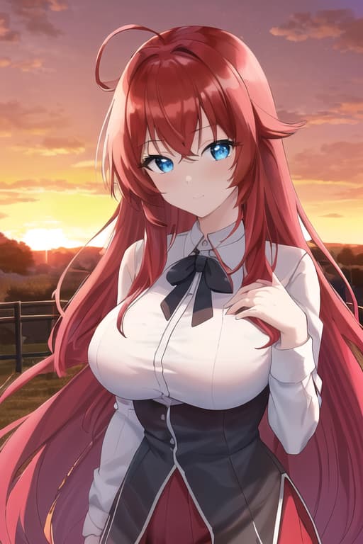  no mo ,masterpiece, best quality, 1women, long red hair, looking at viewer, :3, cute, black uniform, outdoors, streets, cow shot, curvy, (((blue eyes))), rias gremory, red hair, antenna hair, wavy hair, ((beautiful detailed eyes, beautiful detailed glow, lots of glow)), anime screencap,sunset, sunset behind her, sunset background, masterpiece, best quality, high quality, solo