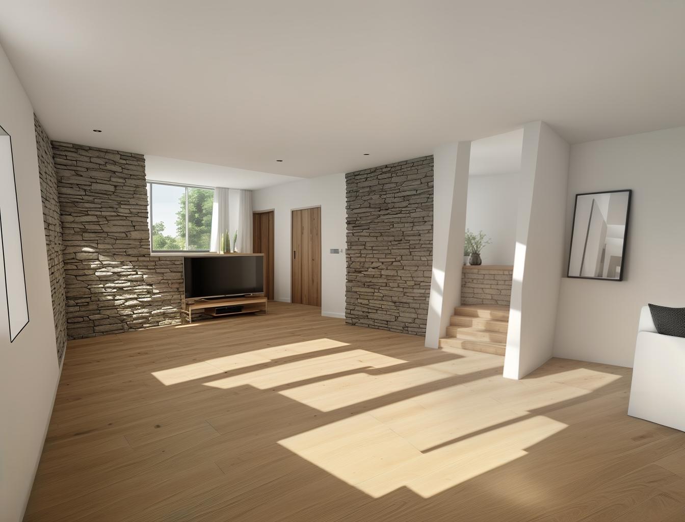  produce a photorealistic rendering of a modern interior with a stone wall as a focal point, complemented by wooden flooring and large windows. add a sleek, modern sofa and minimalist furniture that reflects a contemporary style, creating a space that feels both rustic and sophisticated.