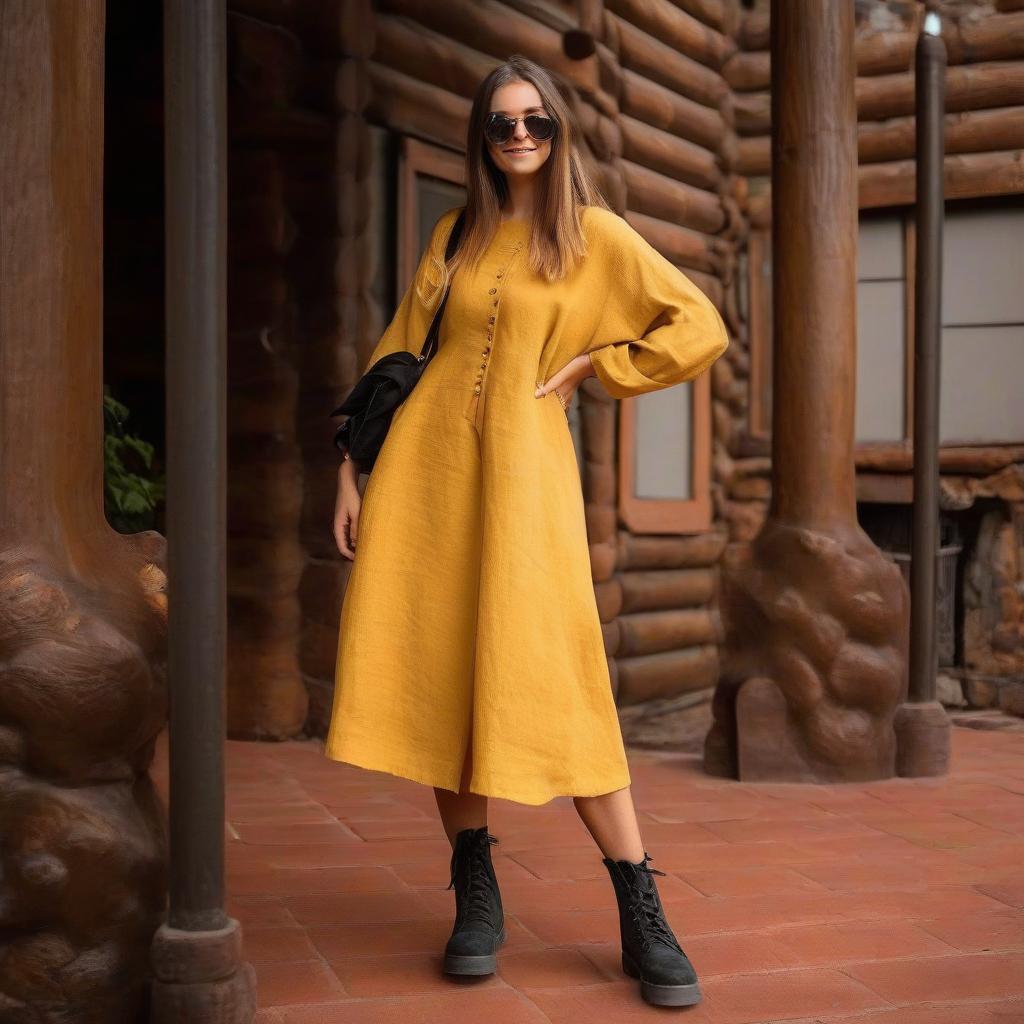  mustard colored linen dress on a girl