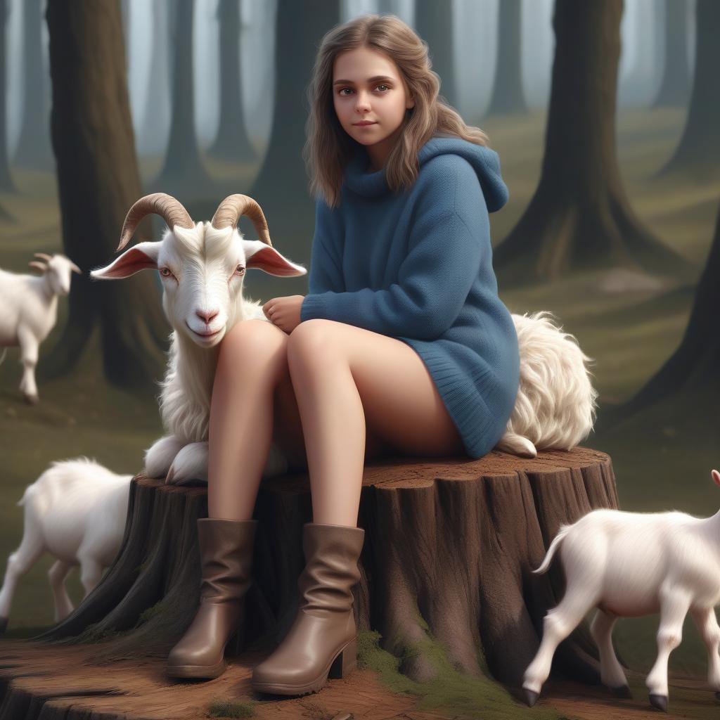  concept art the girl, her legs are goats, covered with wool hooves, sitting on a stump . digital artwork, illustrative, painterly, matte painting, highly detailed