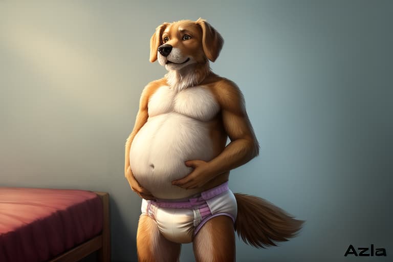  elderly, male, dog, round belly, wearing a diaper, standing up, holding belly, by azsola, open eyes, masterpiece, 4k, fine details,