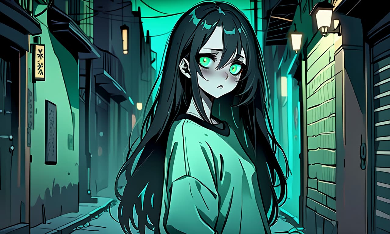  macabre style a girl in anime style with long black hair stands on an empty and night street dressed in a sweater of warm pastel green color and pants. the girl looks into the darkness with black lower eyelids under the eyes full of fear of the unknown and curiosity, and the bright turquoise eyes themselves stand out against the background of everything. the image uses warm and bed tones . dark, gothic, grim, haunting, highly detailed