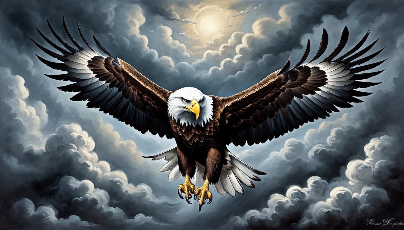  on parchment, surrealism+++, a majestic eagle soaring above dark clouds, eyes fierce, claws sharp, catching the wind, symbol of power and clarity, dynamic, unwavering focus(mysterious, provocative, symbolic,muted color)+++