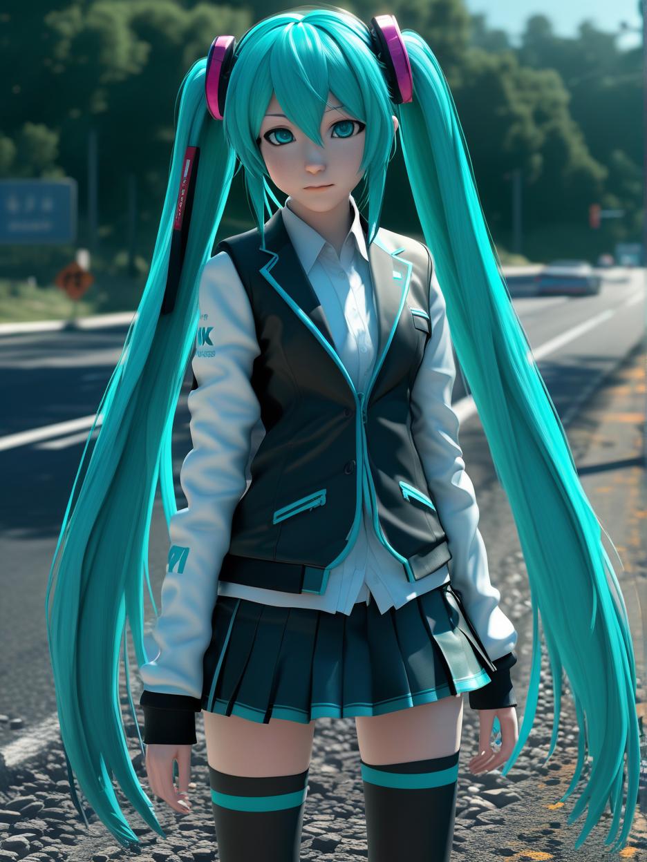  hatsune miku realistic style, standing alone in front of a road