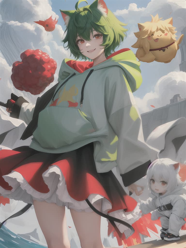  Looking at the front, looking at this, symmetrical, one, fluffy short hair, very short hair like a boy, berry short, cool, cute boy, smiling, Shota, children of children, big cat ears Yellow green hair, boyish, red eyes, large ahoge, hoodie, white background, energetic,, masterpiece, best quality,8k,ultra detailed,high resolution,an extremely delicate and beautiful,hyper detail