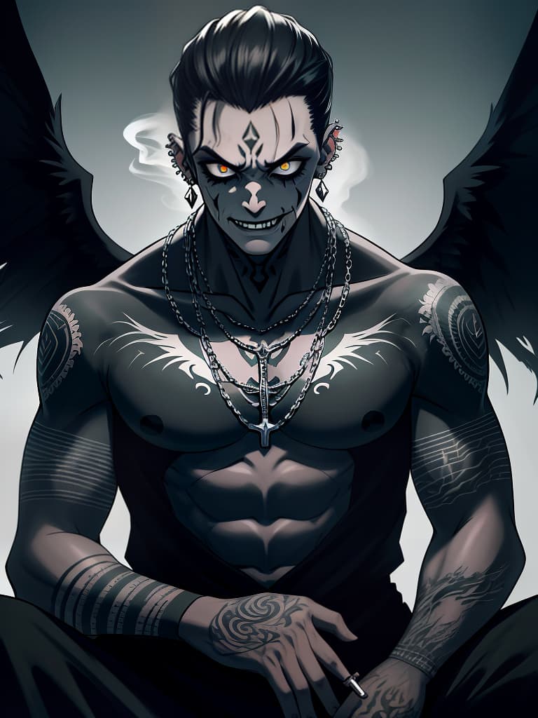  darkness, wake up, tattoo, tattoo, tattoo, cigarettes, piercings, necklaces, darkness, illness, boy, zombie makeup, dark king, fallen angel, las boss character, the laughter of the strong, the championship, masterpiece, best quality,8k,ultra detailed,high resolution,an extremely delicate and beautiful,hyper detail