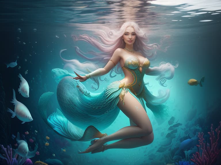  A girl swims fully underwater, with loose hair, colorful fish, pearls on the floor, shells, turquoise bottom, beautiful mermaid style dress, fish with long tails, high resolution, face of a fairy tale fairy, a big fish with a flowing tail., Photorealistic, Hyperrealistic, Hyperdetailed, analog style, demure, detailed skin, pores, smirk, smiling eyes, matte skin, soft lighting, subsurface scattering, realistic, heavy shadow, masterpiece, best quality, ultra realistic, 8k, golden ratio, Intricate, High Detail, film photography, soft focus hyperrealistic, full body, detailed clothing, highly detailed, cinematic lighting, stunningly beautiful, intricate, sharp focus, f/1. 8, 85mm, (centered image composition), (professionally color graded), ((bright soft diffused light)), volumetric fog, trending on instagram, trending on tumblr, HDR 4K, 8K