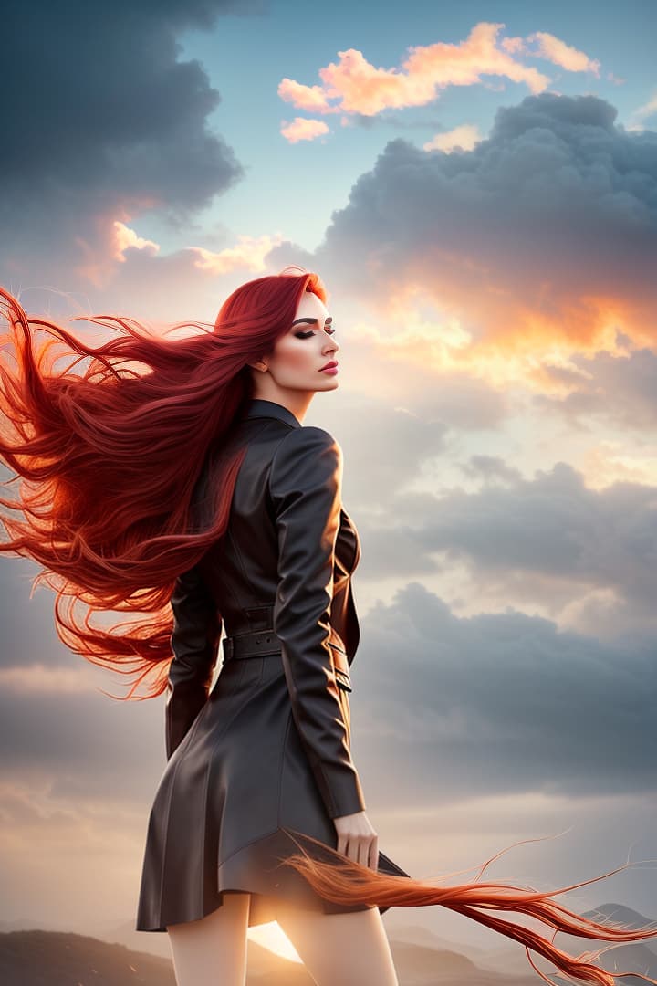  Create a high-resolution image of a striking girl standing confidently amidst a dramatic, fiery backdrop. Her presence should be both captivating and powerful, with her hair floating and flowing as if caught in an ethereal wind created by the intense heat. hyperrealistic, full body, detailed clothing, highly detailed, cinematic lighting, stunningly beautiful, intricate, sharp focus, f/1. 8, 85mm, (centered image composition), (professionally color graded), ((bright soft diffused light)), volumetric fog, trending on instagram, trending on tumblr, HDR 4K, 8K