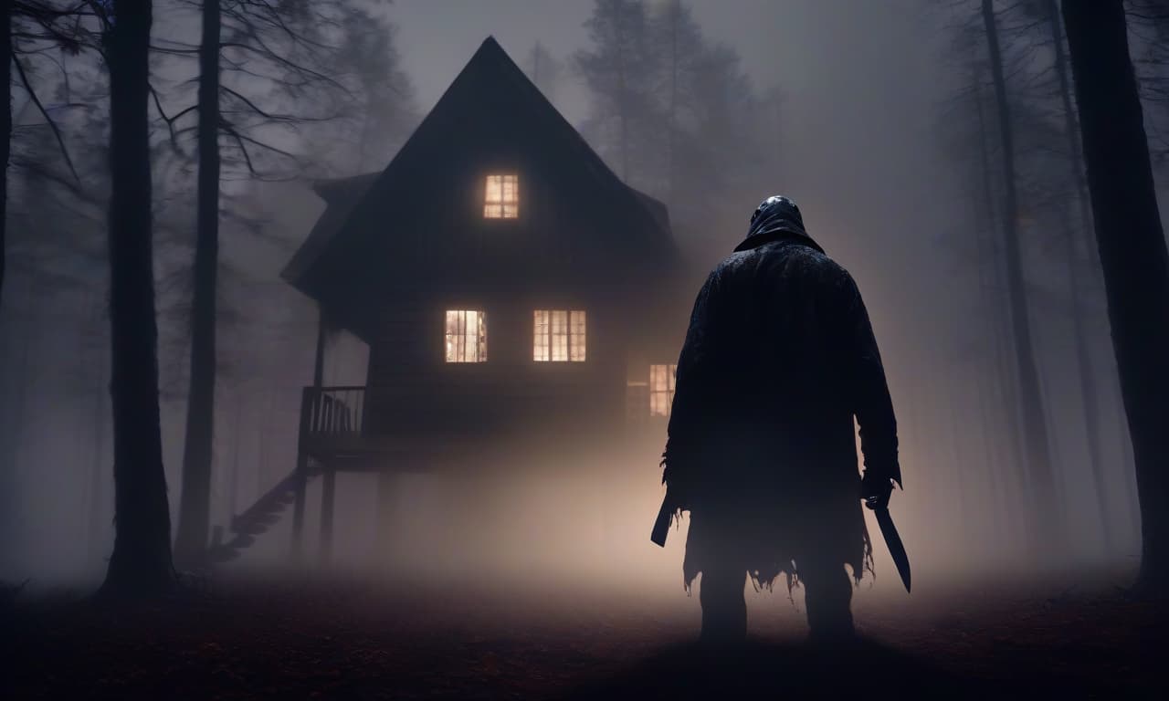  horror themed rear view. jason voorhees approaches a forest cabin, with forest and thick fog in the background . eerie, unsettling, dark, spooky, suspenseful, grim, highly detailed