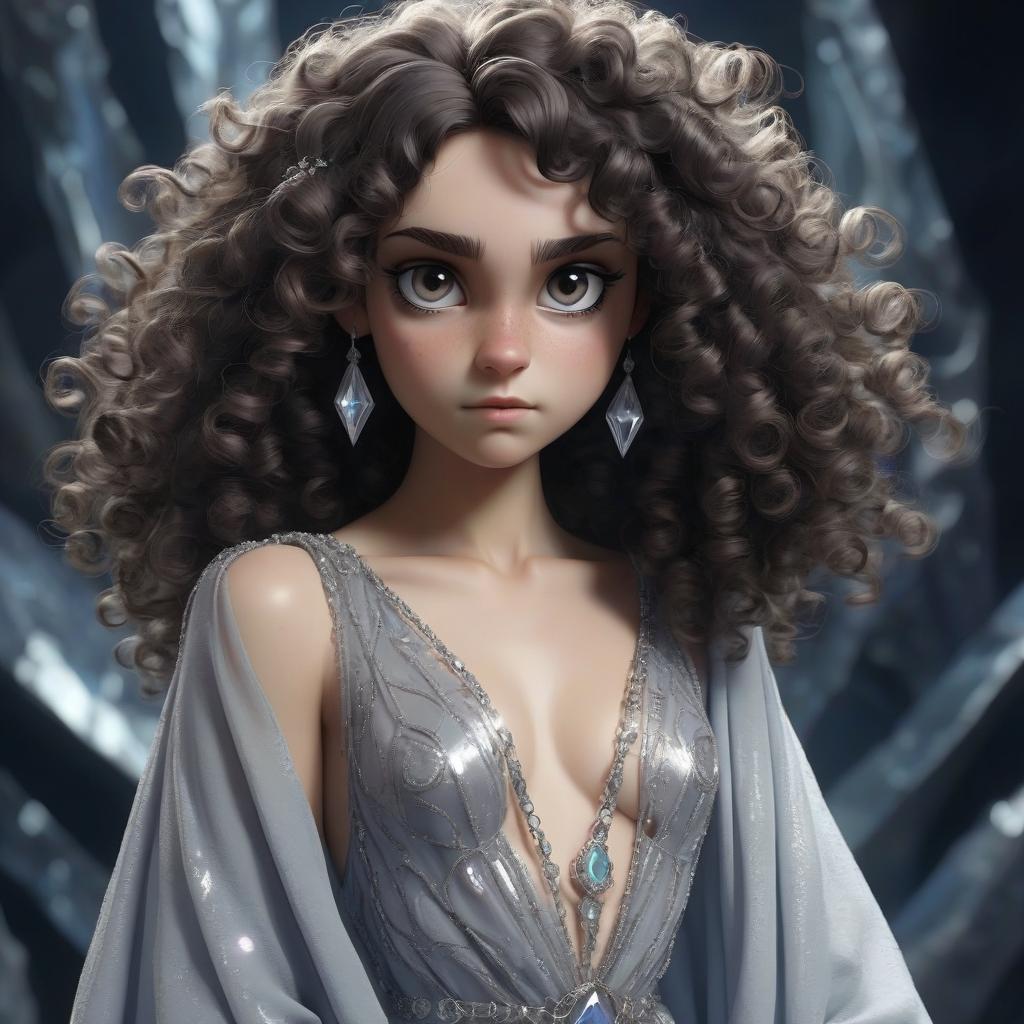  a girl with dark curly hair in crystal robes