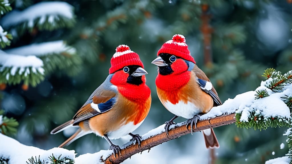  professional detailed photography, two cute bullfinches in funny knitted red hats sit on a branch in the garden in winter under the snow, space for text ar 16:9, (muted colors, dim colors, soothing tones), (vsco:0.3)