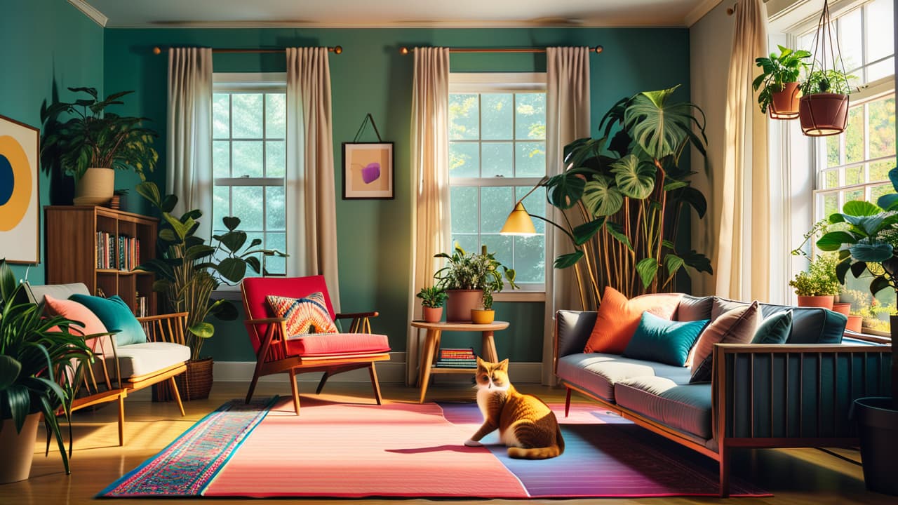  a sunlit room with plush cat trees, colorful hammocks, and cozy nooks. cats lounging on stylish furniture, surrounded by houseplants and soft textiles, creating a warm, inviting atmosphere for both pets and humans. hyperrealistic, full body, detailed clothing, highly detailed, cinematic lighting, stunningly beautiful, intricate, sharp focus, f/1. 8, 85mm, (centered image composition), (professionally color graded), ((bright soft diffused light)), volumetric fog, trending on instagram, trending on tumblr, HDR 4K, 8K