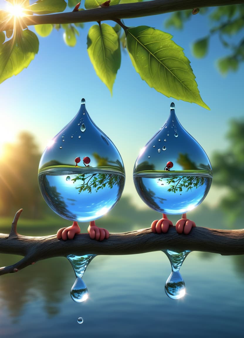  a hyper realistic and whimsical conceptual artwork of a couple of water droplets turned into fantasy water characters sitting on a tree branch watching the beautiful sunrise. uhq, hdr, c4d, ultra detailed macro., high quality, high details, hd, perfect composition, 4k epic detailed, highly detailed, sharp focus, high resolution