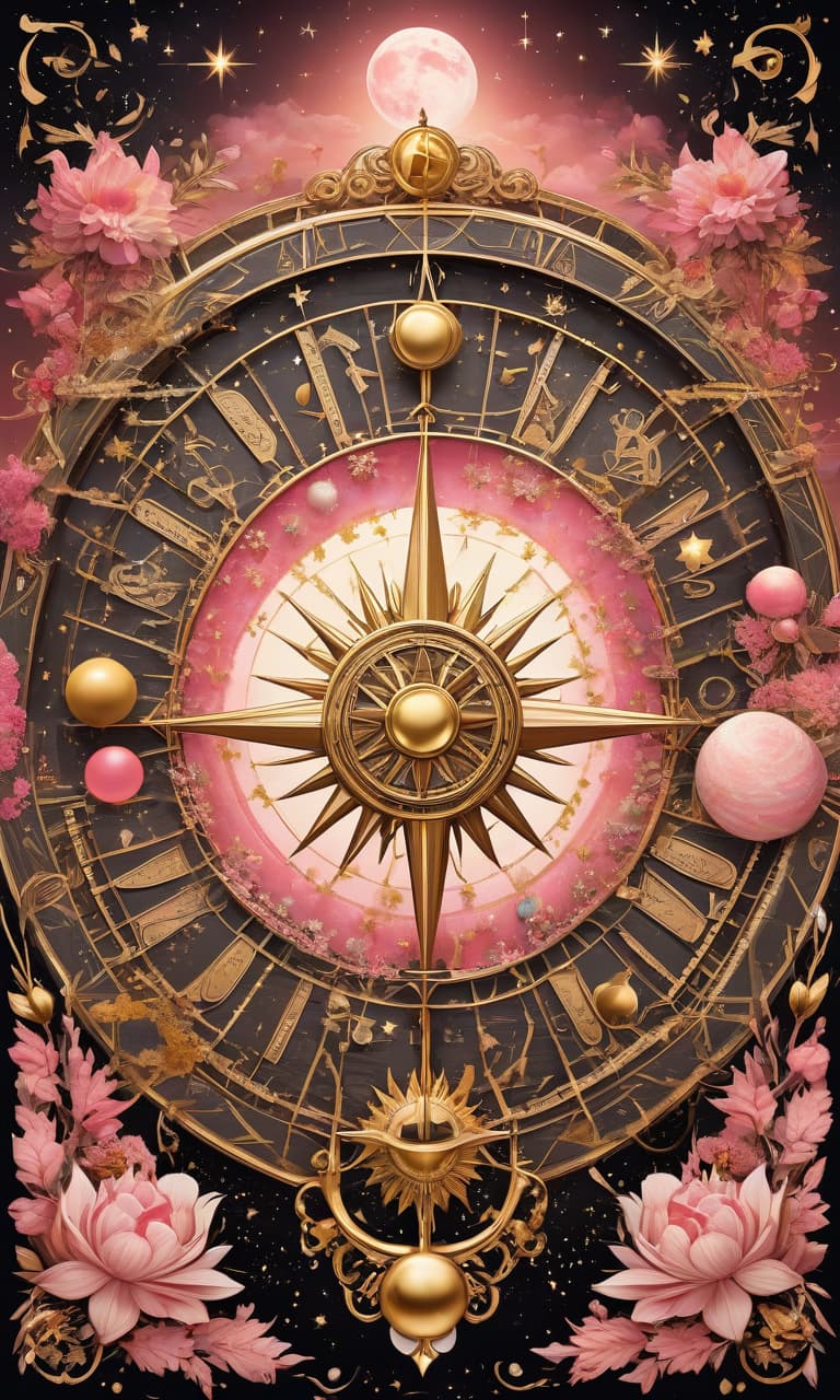  concept art pink, gold, black, white tarot wheel of fortune everywhere stars, moon, sun . digital artwork, illustrative, painterly, matte painting, highly detailed, perfect hands