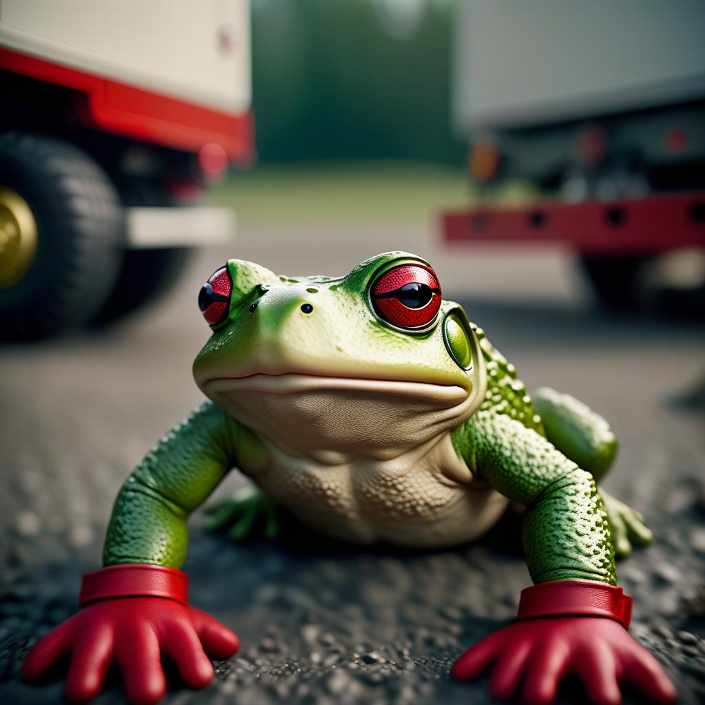  cinematic film still green toad with red paws, in general's uniform, in the background trucks . shallow depth of field, vignette, highly detailed, high budget, bokeh, cinemascope, moody, epic, gorgeous, film grain, grainy