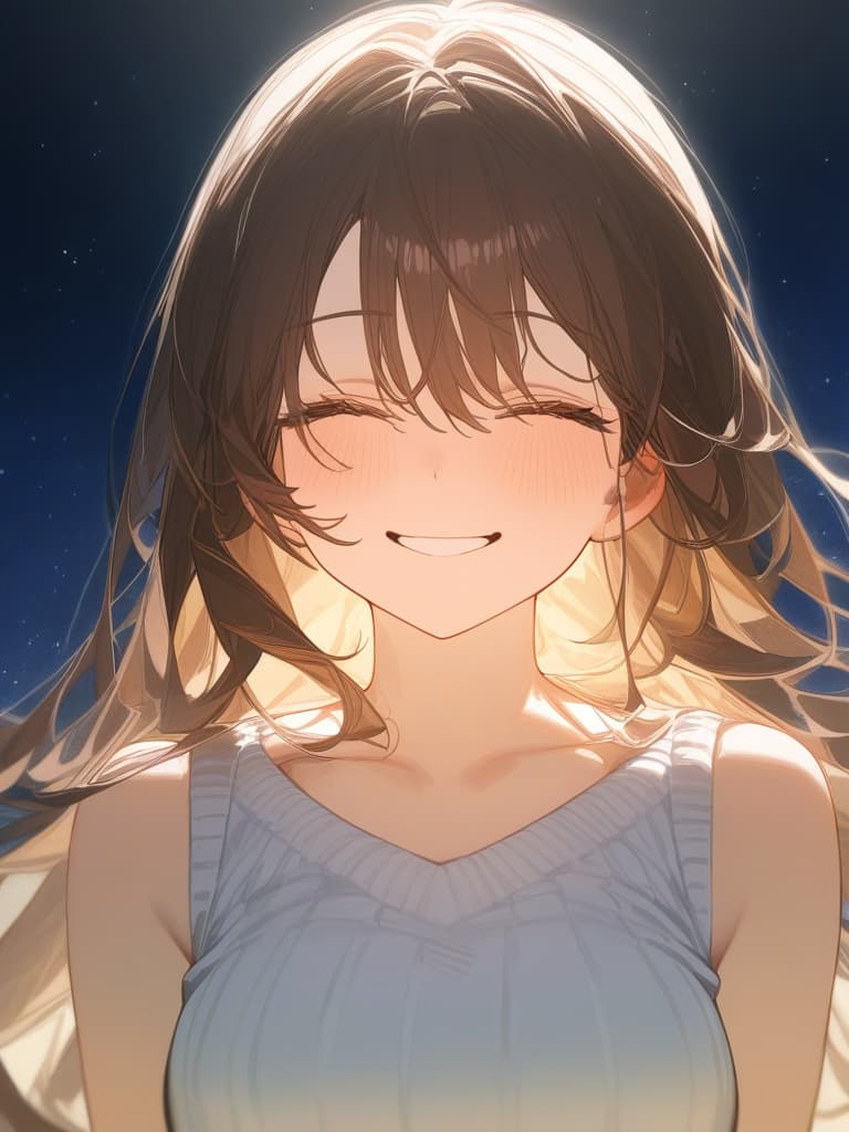  a girl laughing at me, bright brown hair, long hair, transparent ephemeral, black sleeveless dress, white cardigan, whole body facing in front, laughing, laughing, starry sky under the whole body, facing here, my eyes meet me, masterpiece, best quality,8k,ultra detailed,high resolution,an extremely delicate and beautiful,hyper detail