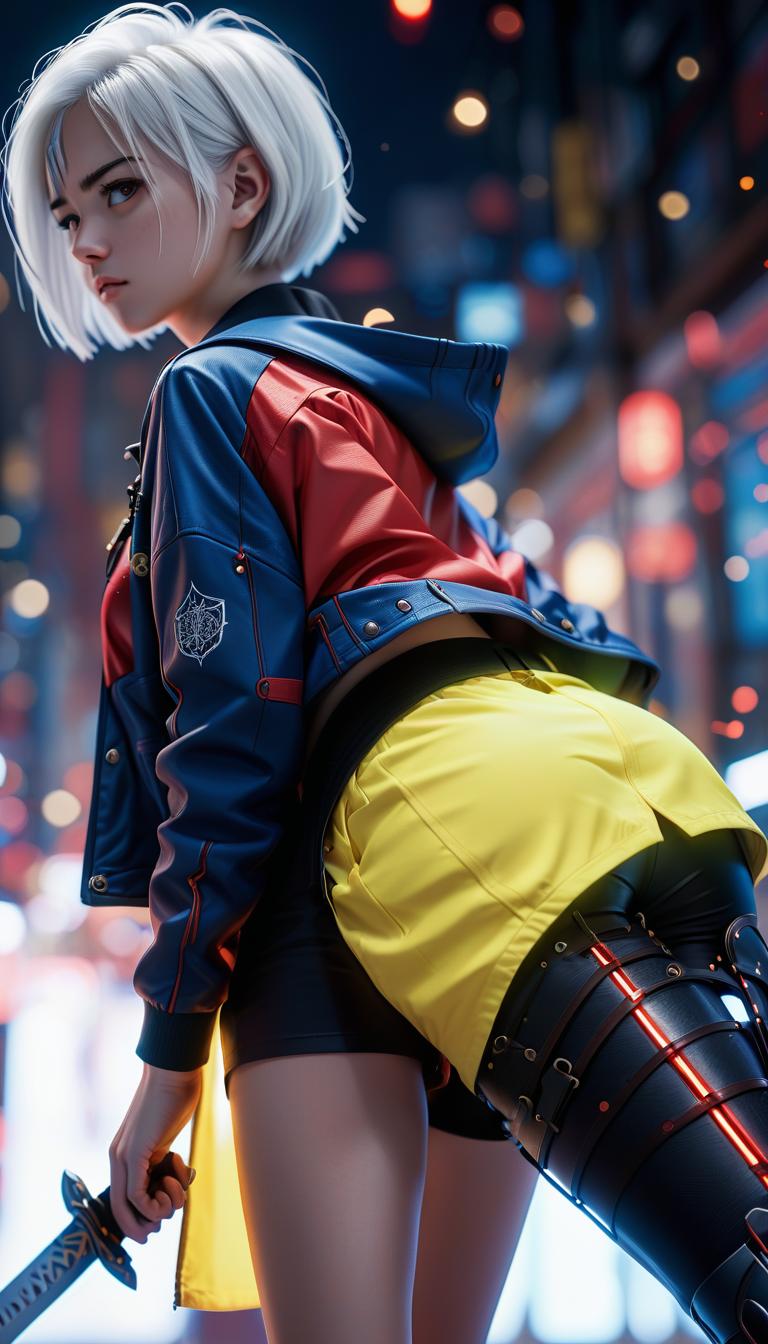  cinematic photo back visa, girl with sword, white hair, short hair, red top, blue jacket, black shorts. . 35mm photograph, film, bokeh, professional, 4k, highly detailed, perfecteyes, glowneon