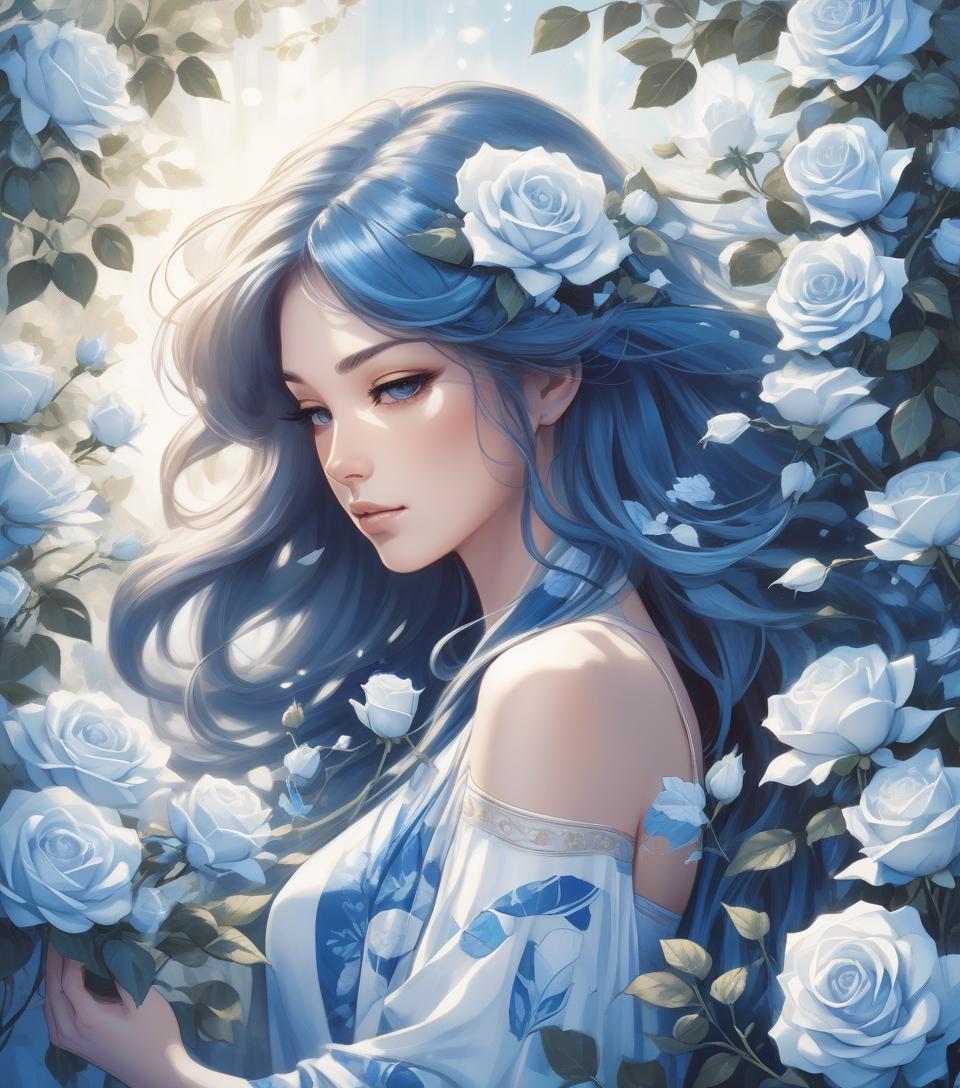  manga style a serene woman with flowing hair holds blue and white roses, surrounded by soft light and delicate leaves, embodying grace and beauty in a captivating portrait . vibrant, high energy, detailed, iconic, japanese comic style