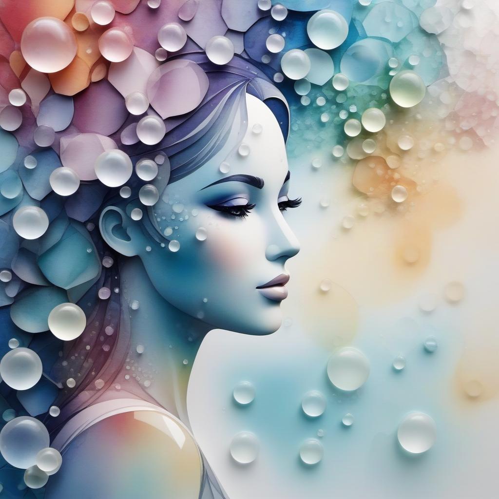  3d watercolor wall, polygonal volumetric, plasticine woman figurine, tree-bubbles glass-shaped, mosaic drops, gloss, infinity depth, aesthetic, fabulous, sumi-e