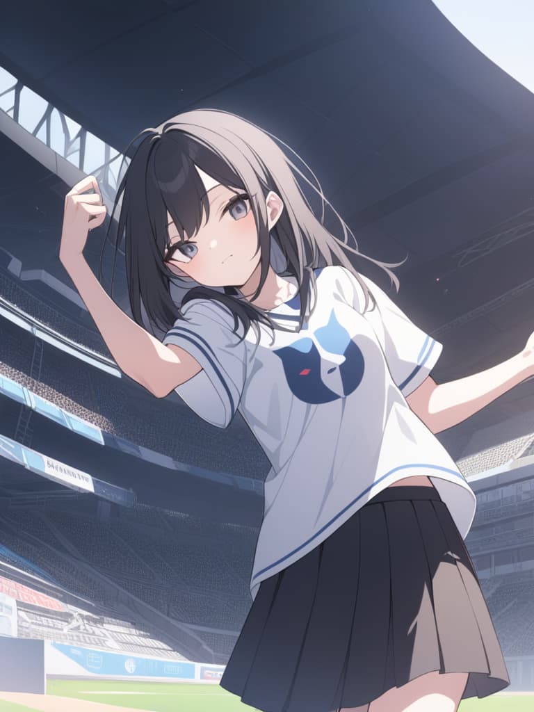  energetic and lively atmosphere: long and straight black haired people wear a white baseball shirt with blue letters to support the baseball cap and eager. cute poses, winks, and one arm are raised high. the scene is outdoor stadium, the background is a cool background of natural light, whole body,