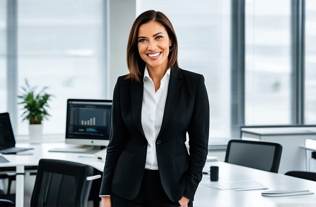  professional detailed photography, portrait of smiling businesswoman standing in open plan office. happy female professional executive manager, financial banking or marketing data. ar 3:2, (muted colors, dim colors, soothing tones), (vsco:0.3)