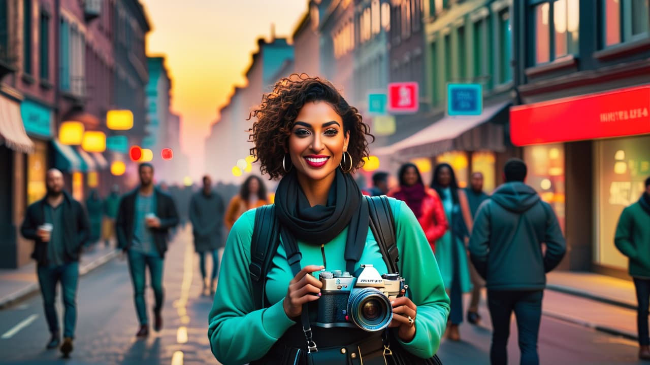  a bustling city street at sunset, showcasing a diverse group of photographers capturing moments with their cameras, surrounded by vibrant colors, creative gear, and the energy of life, symbolizing the joy and challenges of freelance photography. hyperrealistic, full body, detailed clothing, highly detailed, cinematic lighting, stunningly beautiful, intricate, sharp focus, f/1. 8, 85mm, (centered image composition), (professionally color graded), ((bright soft diffused light)), volumetric fog, trending on instagram, trending on tumblr, HDR 4K, 8K