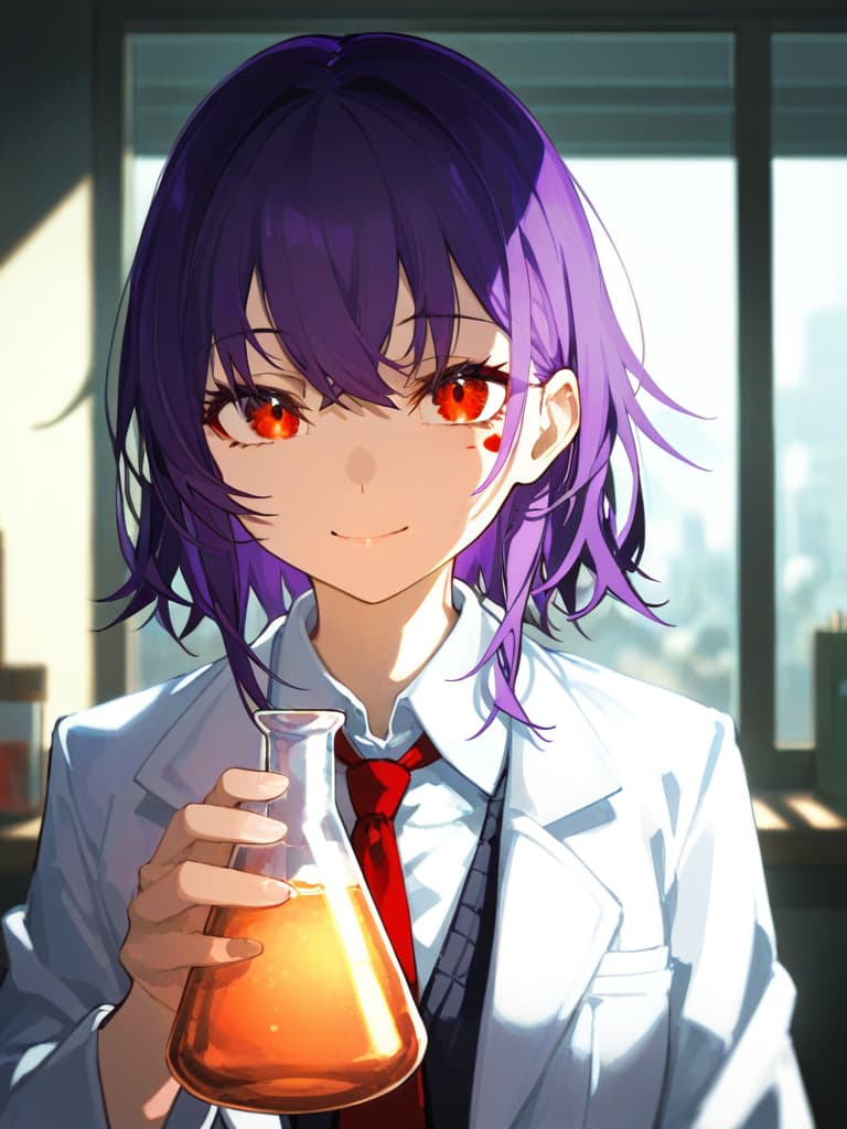  ((holding flask,mad scientist,unhealthy face,dark circles under eyes,purple hair,red eyes,messy long hair,blazer,tie,lab coat,science lab,smile,smiling,))、ultra detailed,best shadow,cute and beautiful face,(masterpiece:1.2),(best quality:1.2),detailed background,high contrast,(best illumination,an extremely delicate and beautiful),((cinematic light)),hyper detail,dramatic light,intricate details,8k,anime,very aesthetic