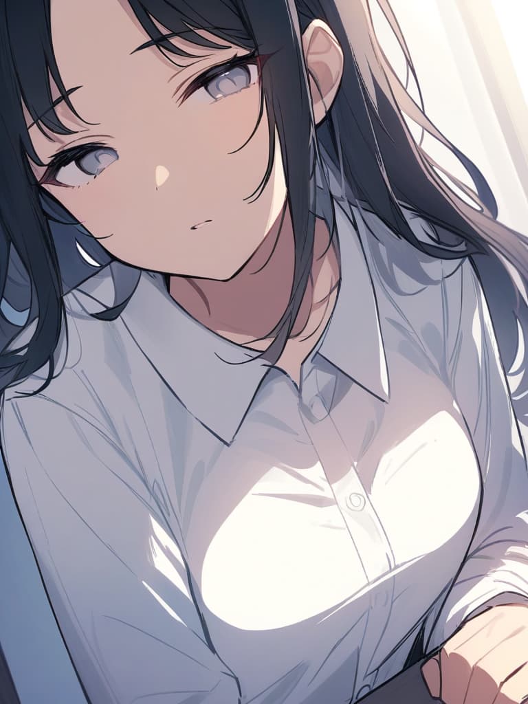  sleepy eyes,long eyelashes,1 girl,white eyes,black hair,white shirt