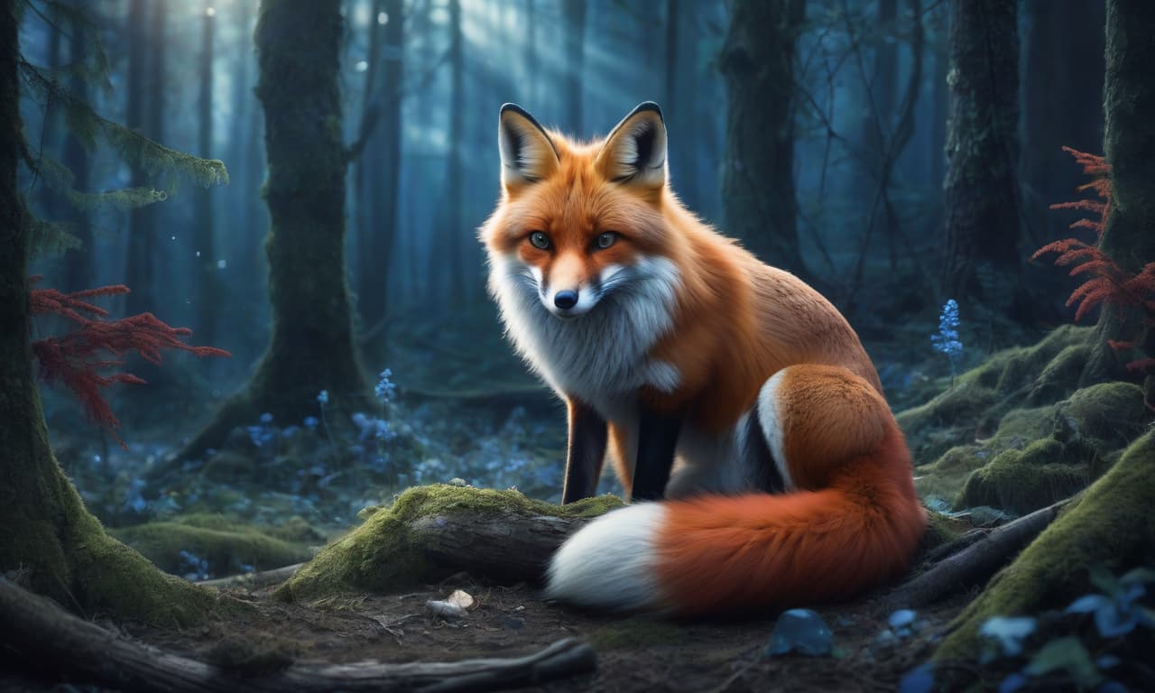  mystic forest blue tuma sitting big red fox