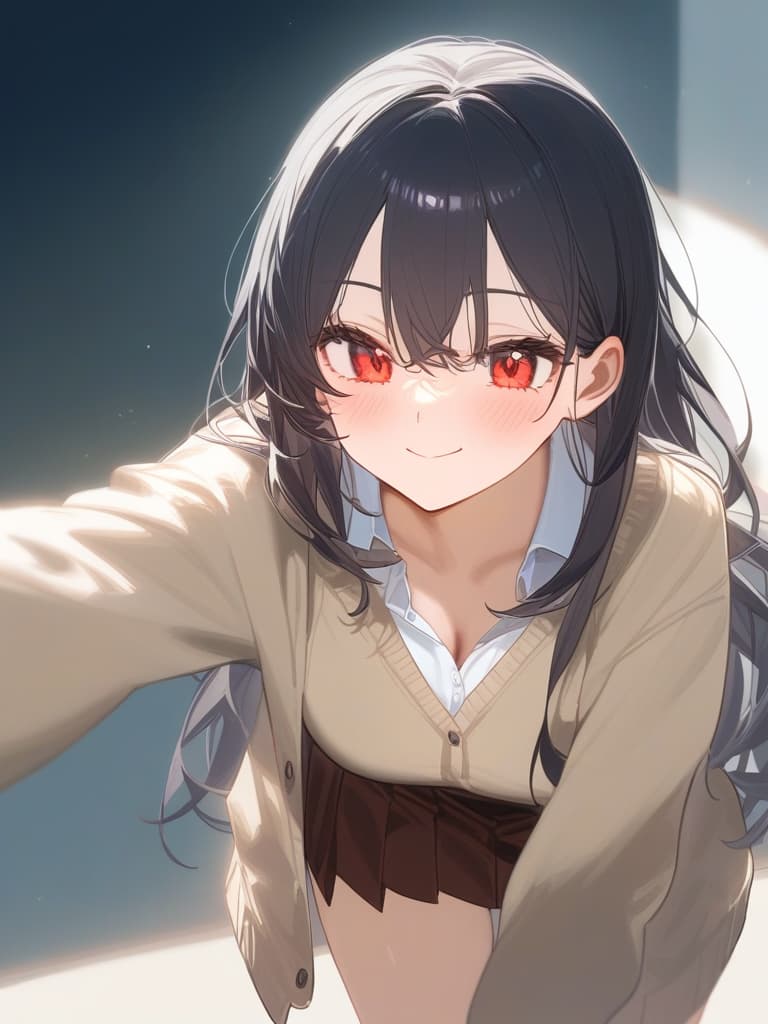  cute face focus,cute,black hair,red eyes,cute posing,cardigan,pleats skirt ,long hair