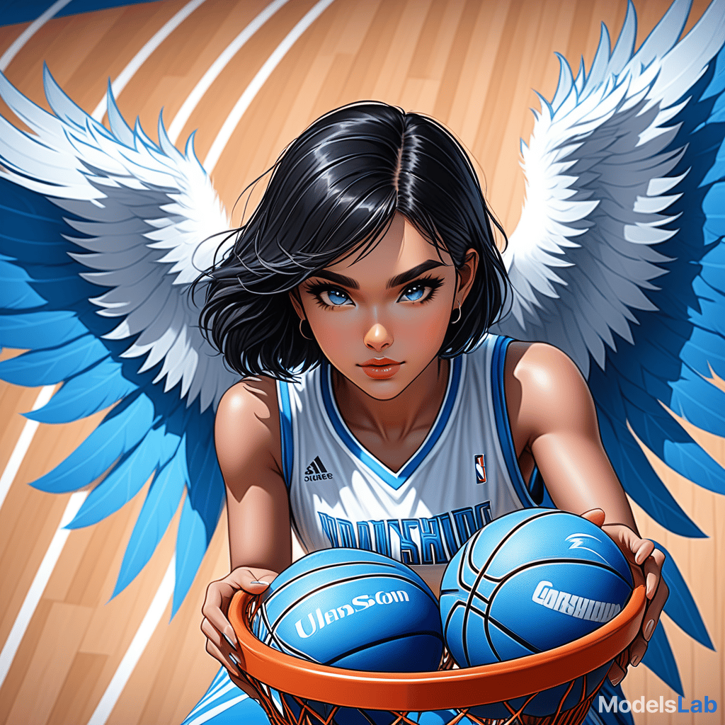  anime art very beautiful, harpy girl, light brown skin woman, icy blue eyes, black hair, short hair, has talons, has dark brown wings, narrow lips, angled eyebrows, roman nose, diamond shaped face, blue and white basket ball jersey, basketball court., award winning, professional, highly detailed, masterpiece