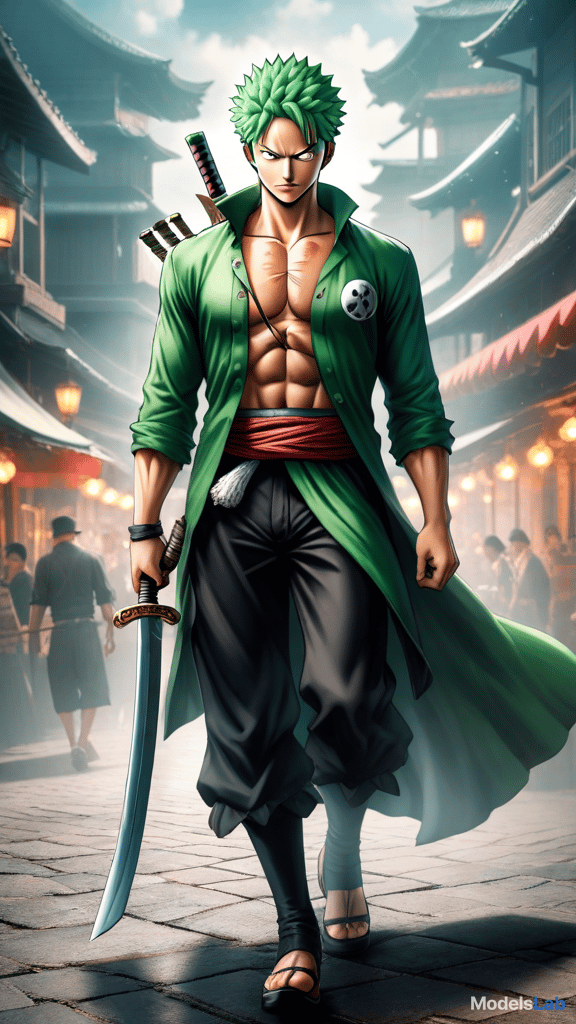  depict zoro from one piece with his three swords, each symbolizing a core aspect of his journey and character. hyperrealistic, full body, detailed clothing, highly detailed, cinematic lighting, stunningly beautiful, intricate, sharp focus, f/1. 8, 85mm, (centered image composition), (professionally color graded), ((bright soft diffused light)), volumetric fog, trending on instagram, trending on tumblr, HDR 4K, 8K