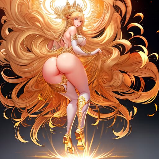  Goddess of the world with golden hair, backside from behind NSFW hyperrealistic, full body, detailed clothing, highly detailed, cinematic lighting, stunningly beautiful, intricate, sharp focus, f/1. 8, 85mm, (centered image composition), (professionally color graded), ((bright soft diffused light)), volumetric fog, trending on instagram, trending on tumblr, HDR 4K, 8K