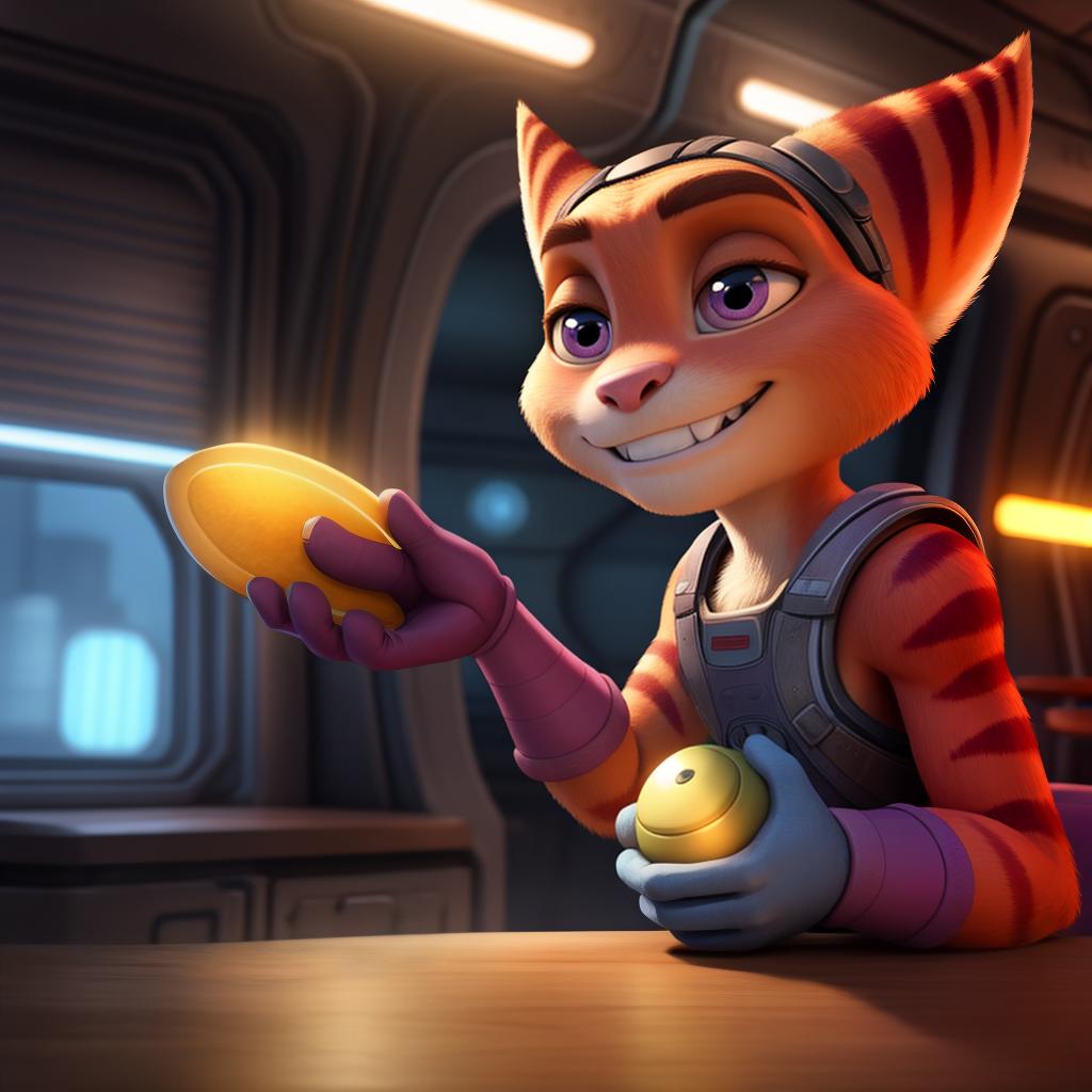  Ratchet and clank (monsters inc), full body, gloves, gay, open eyes, masterpiece, 4k, fine details,