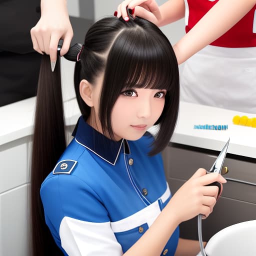  Beauty salon haircut Girl having her long hair cut with scissors Moment of haircut Girl in uniform