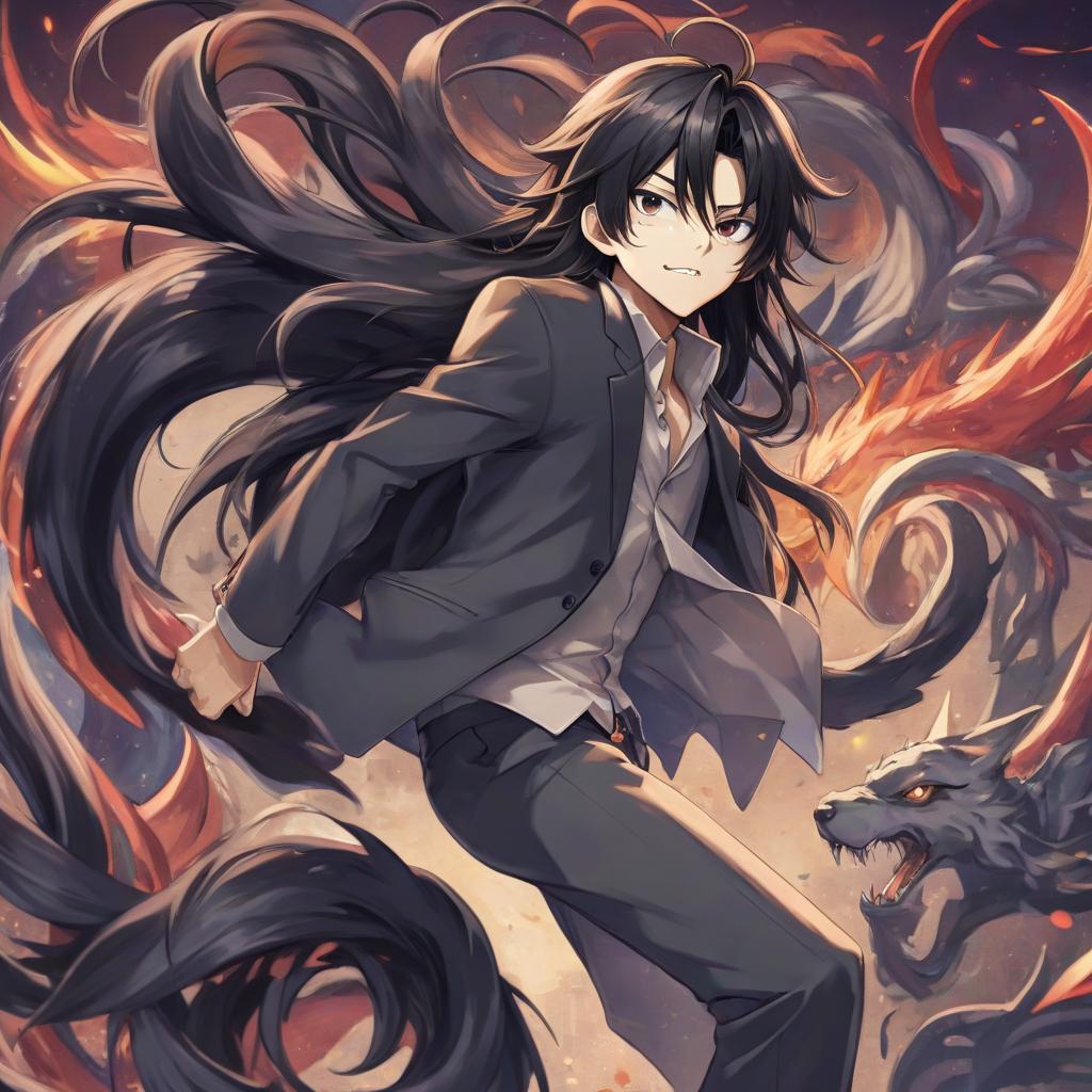  anime artwork guy with long, dark hair in his tail . anime style, key visual, vibrant, studio anime, highly detailed