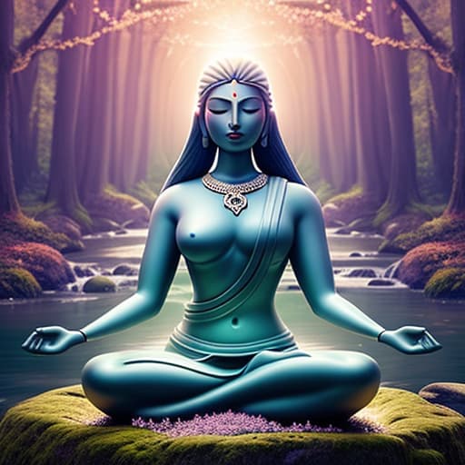  a serene, spiritual figure sitting in meditation amidst nature, possibly near a tranquil stream or under a large tree. around them, gentle glowing symbols of mantras float in the air, creating an aura of peaceful energy. in the background, soft rays of sunlight filter through the trees, symbolizing enlightenment and growth. the central focus could be a key glowing near the figure's heart, symbolizing unlocking spiritual power hyperrealistic, full body, detailed clothing, highly detailed, cinematic lighting, stunningly beautiful, intricate, sharp focus, f/1. 8, 85mm, (centered image composition), (professionally color graded), ((bright soft diffused light)), volumetric fog, trending on instagram, trending on tumblr, HDR 4K, 8K