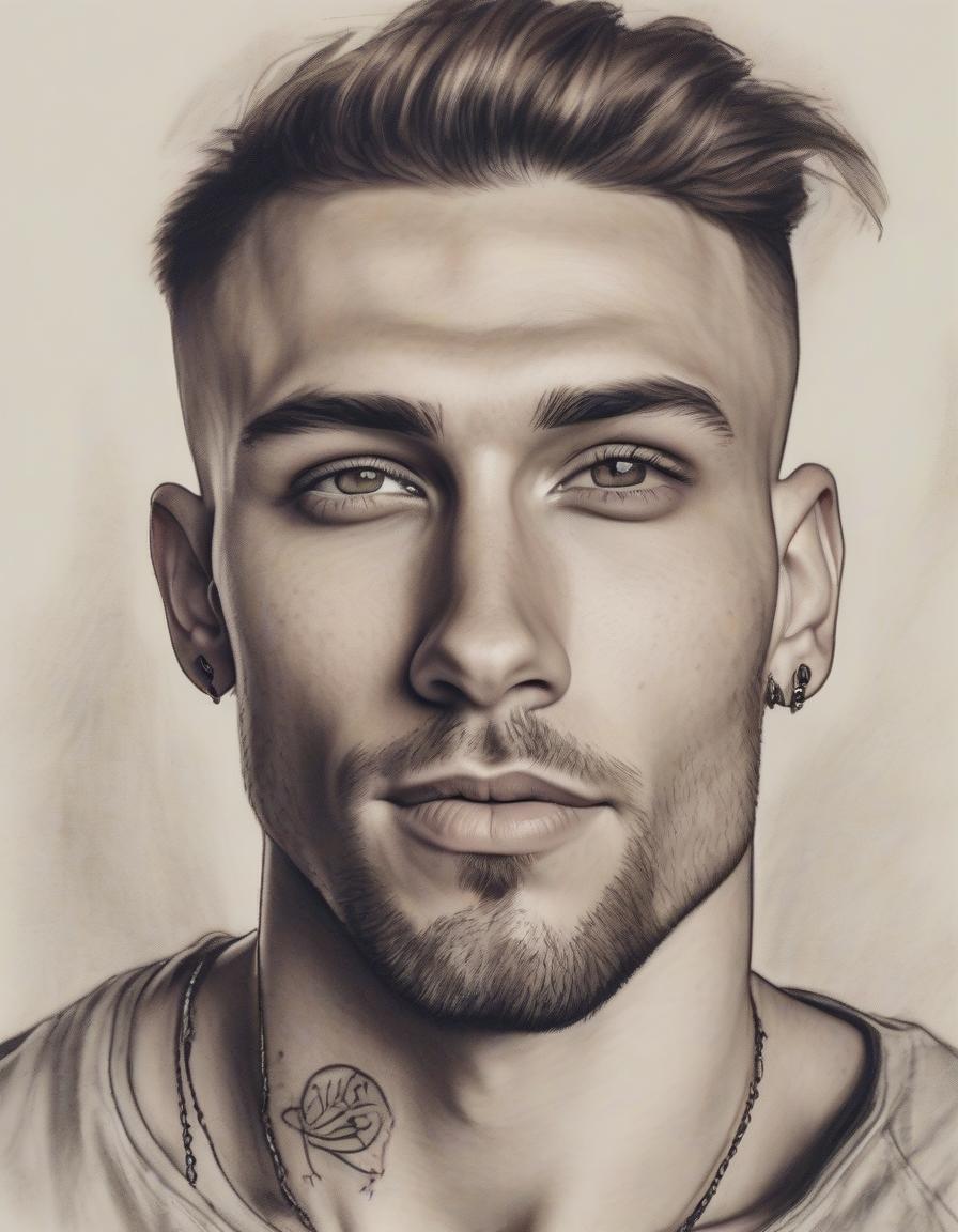  a daring, charismatic young man with a cunning grin, a stern face, high cheekbones, brown eyes and thick hair, looks cunningly with a squint, in tattoos, european appearance, light skin, dressed in a t shirt with open shoulders and sports pants, one hand stretch forward and palm open, photo, realism, a living person, a real person,