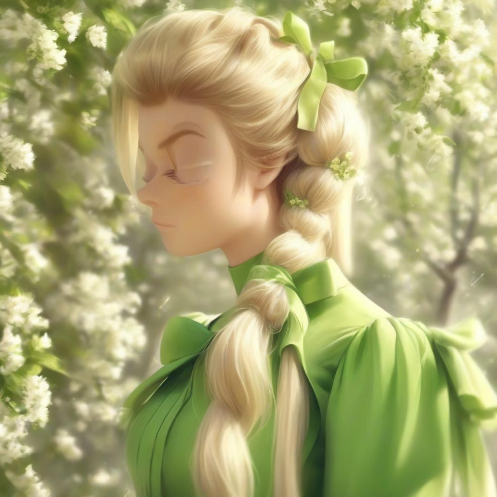  girl blonde, hairstyle horse tail, long horse tail, green ribbon in hair, spring, flowering trees