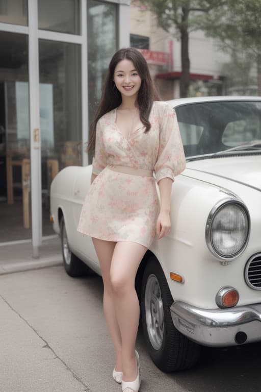  **a full body shot of a korean girl with long hair and bright clips, posing next to a vintage car, her smile radiating confidence and joy, advertising photo,high quality, good proportion, masterpiece , the image is captured with an 8k camera