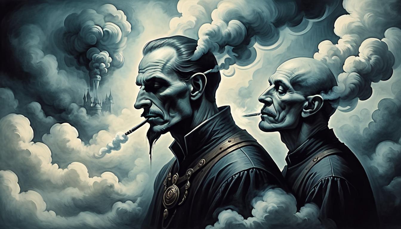  on parchment, surrealism+++, a sinister figure whispering into the ear of a person, creating clouds of smoke around their head, nightmarish atmosphere, confusion, manipulation, deceit(mysterious, provocative, symbolic,muted color)+++