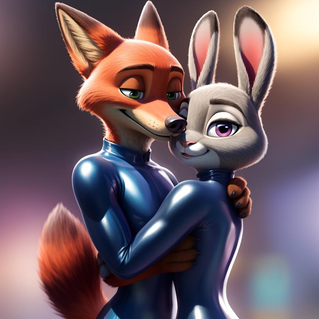  Nick wilde and judy hopps wearing full body shiny rubber suit hugging each other, open eyes, digital art, masterpiece, 4k, fine details,