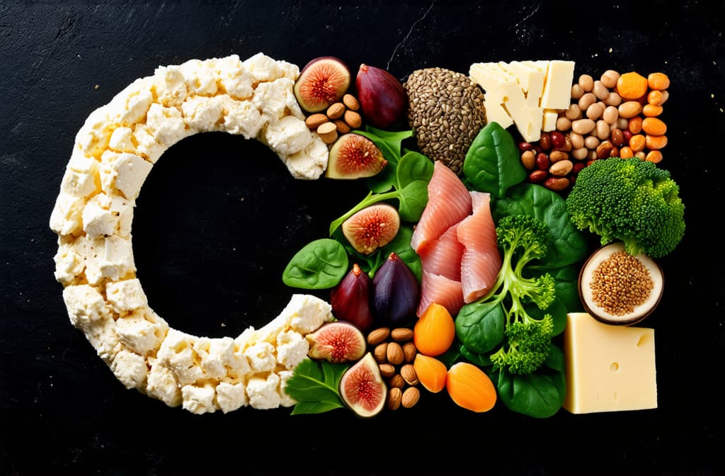  food gourmet photography style, the inscription ca made of cottage cheese, sour cream, nuts, cheese, parsley, spinach, dried apricots, figs, sesame, beans, broccoli, sardines on a black stone background ar 3:2, appetizing, professional, culinary, high resolution, commercial, highly detailed ,soft natural lighting, macro details, vibrant colors, fresh ingredients, glistening textures, bokeh background, styled plating, wooden tabletop, garnished, tantalizing, editorial quality