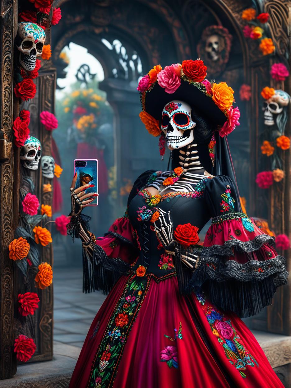  best quality, hd, a close up of a skeletal hand of a mexican catrina holding a smart phone and taking a selfie. the background is decorated in a mexican style creating an atmosphere that reflects day of the dead celebrations. hyperrealistic, full body, detailed clothing, highly detailed, cinematic lighting, stunningly beautiful, intricate, sharp focus, f/1. 8, 85mm, (centered image composition), (professionally color graded), ((bright soft diffused light)), volumetric fog, trending on instagram, trending on tumblr, HDR 4K, 8K